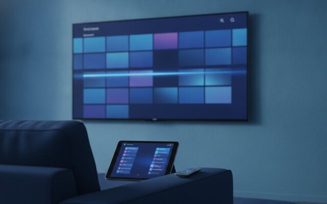 A TV showing a programme guide grid with a tablet and phone showing channel lists on a sofa