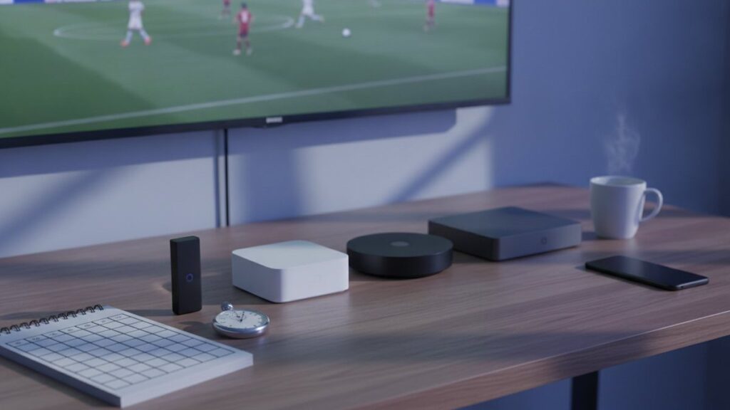 Five streaming devices, a notebook scoring grid and a stopwatch in front of a TV showing a football match