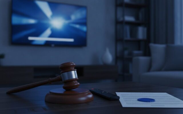 A judge gavel, a streaming remote and a sealed document on a coffee table in front of a TV