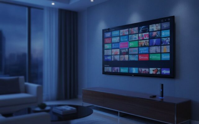 A living-room TV showing an IPTV channel guide with a streaming stick on the console